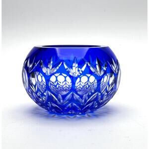 Crystal Cobalt Blue Cut to Clear Bowl Candle Holder Crystal Legends by Godinger
